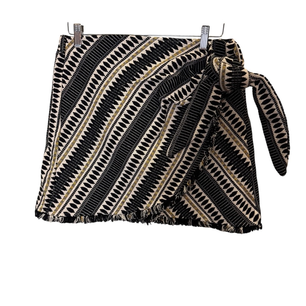 Judith March Women’s Textured Black Gold Cream Tapestry Faux Wrap Mini Skirt L